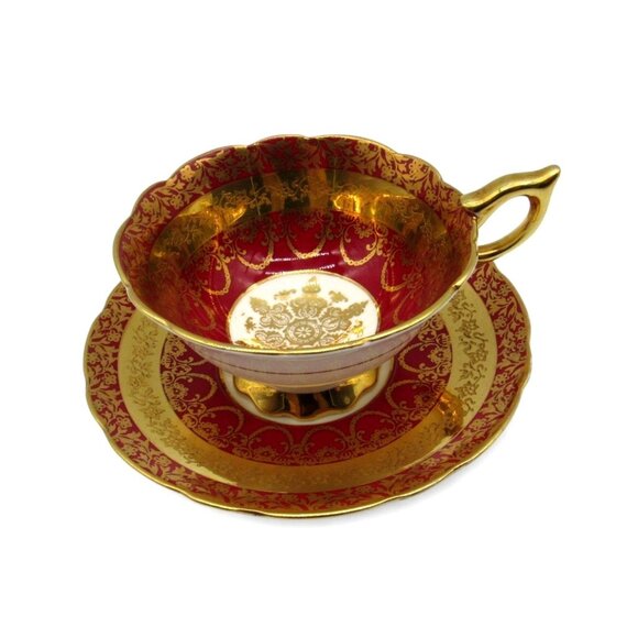 ROYAL STAFFORD Red Gold Filigree Tea Cup and Saucer England Vintage - Picture 3 of 12